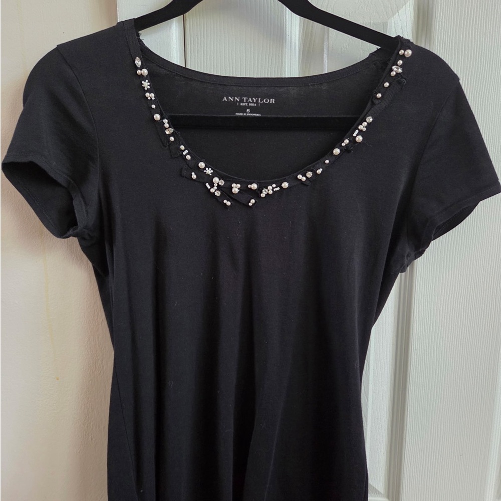 Ann Taylor Black Short Sleeve Top with Embellishments